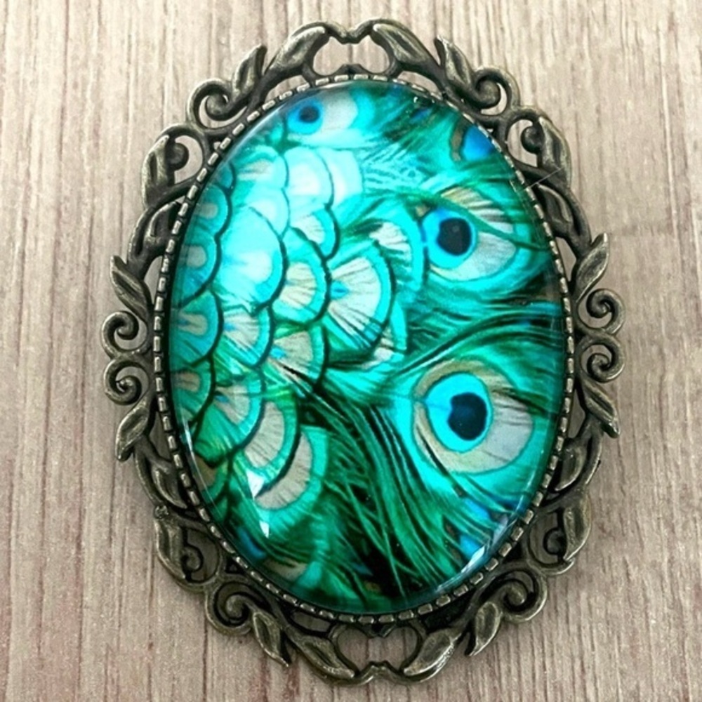 Victorian Peacock Print Brooch, Antique Style, NWT